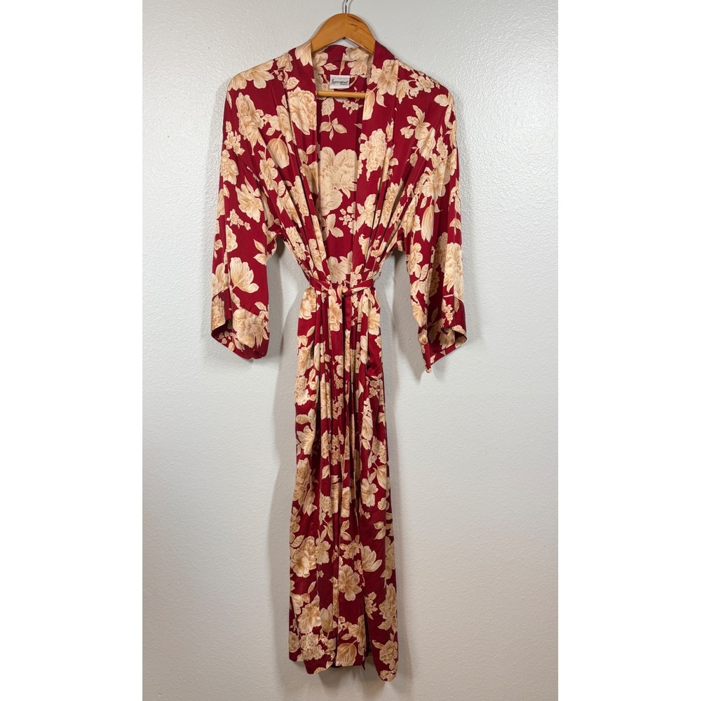 PajamaGram Robe Women One Size Red Floral Long Kimono Wrap Belted Silky Chiffon